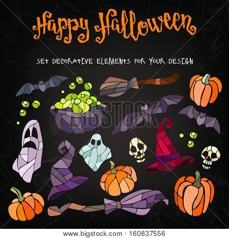 Vector decorative pumpkins, bats, ghosts, brooms, caldrons and witch hats stained glass style for your design on dark background.