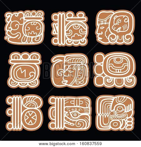 Mayan glyphs, writing system and languge vector design in brown
