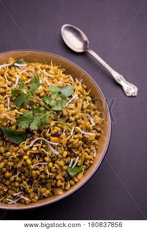 dry and simple moong dal usal or healthy sprouted Green gram spicy usal, fried in oil