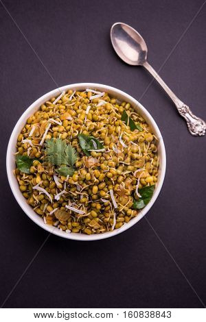 dry and simple moong dal usal or healthy sprouted Green gram spicy usal, fried in oil