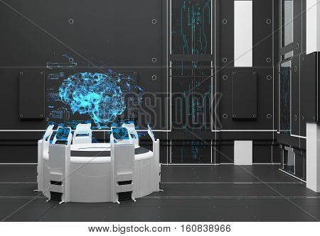 Render Futuristic interior. Hologram Brain. UI interface touchscreen
