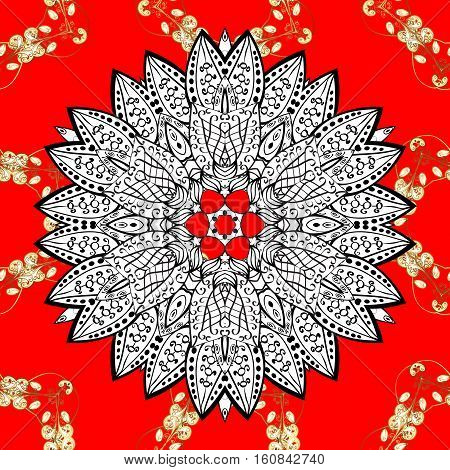 Ethnic Ornament Mandala Geometric Patterns In White Colors On Red Floral Background. Seamless Patter