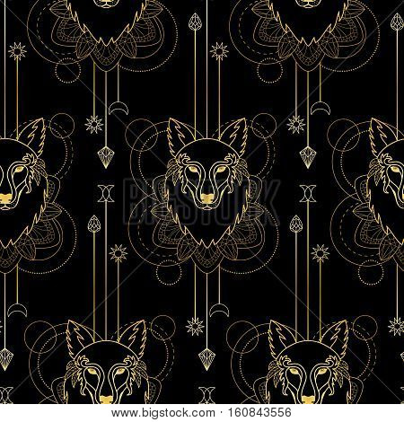 Abstract techno seamless pattern with gold wolf and geometric elements on black background