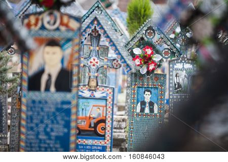 Sapanta Romania - November 17 2016: Image of the graveyard in Sapanta Romania called 