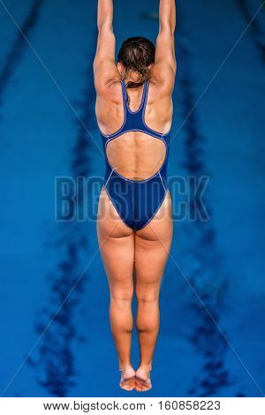 Female Diver Jumping Into The Pool