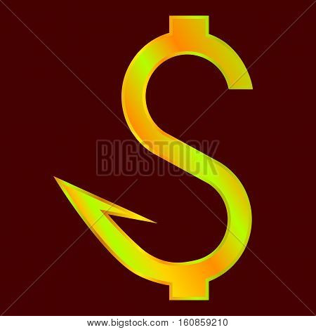 Vector illustration of dollar symbol like fishing hook on dark background