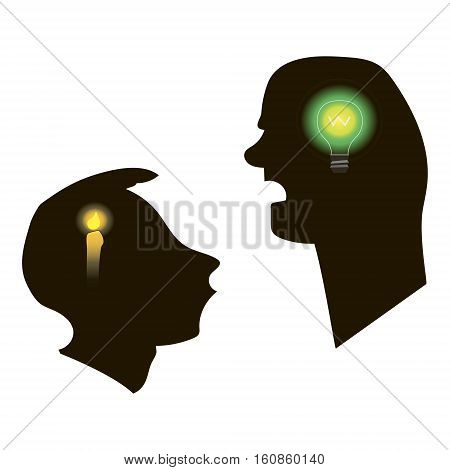 Black silhouettes of two men talking. White background. Teacher and student. Learning process from teachers point of view