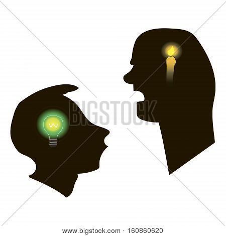 Black silhouettes of two men talking. White background. Teacher and studen. Learning process from student's point of view.