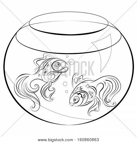 Illustration no fill color - two stylized goldfish in an aquarium