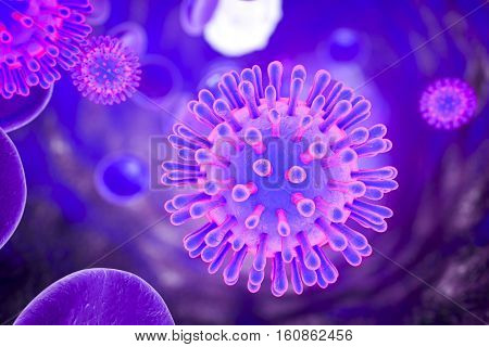 HIV AIDS viruses in blood with red blood cells and white blood cells. 3D illustration