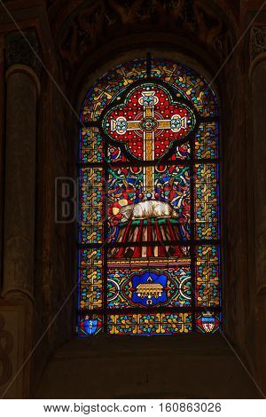 Poitiers France - September 12 2016: Colorful stained glass window in the Church of St. Radegund at Poitiers in France