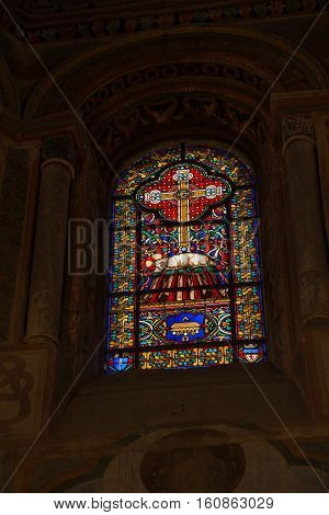 Poitiers France - September 12 2016: Colorful stained glass window in the Church of St. Radegund at Poitiers in France