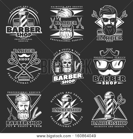 Monochrome barbershop decorative label set with glasses scissors icons hipster signs and barber character with beard vector illustration