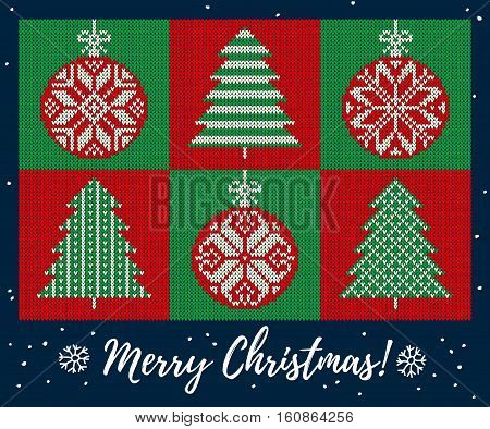 Christmas Greeting Card with fir and red balls with decorations. On a blue background knitted pattern, hand drawn snowflakes, Merry Christmas lettering. Scandinavian style. Winter Holiday Sweater Design. Vector Illustration.