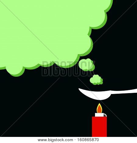 Drugs and alcohol Vector illustration Spoon with the drug is heated by a lighter and let the acid green smoke