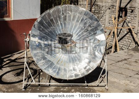 Eco-friendly solar heater for boiling water in the himalayan mountains in Nepal.