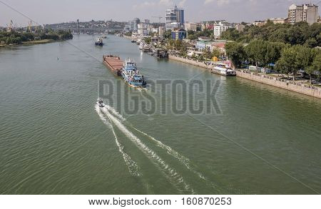 Swimming cargo ships on the river in Rostov-on-Don