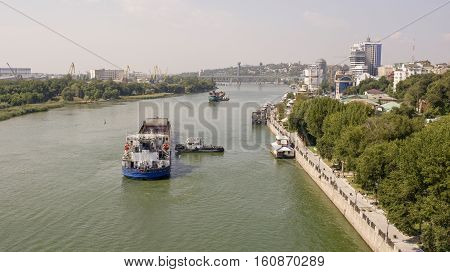 Swimming cargo ships on the river in Rostov-on-Don