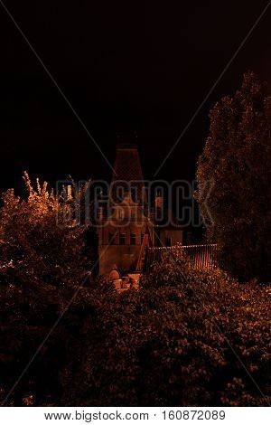 Night view of the Old-New Synagogue & restaurant in Prague.