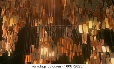 Golden glowing rectangles. Abstract futuristic background. 3d rendering