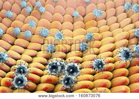 Viruses infecting human cells, 3D illustration. Conceptual image for pathogenesis of virus infection