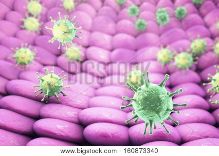 Viruses infecting human cells, 3D illustration. Conceptual image for pathogenesis of virus infection
