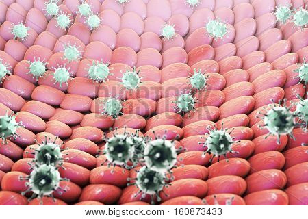 Viruses infecting human cells, 3D illustration. Conceptual image for pathogenesis of virus infection