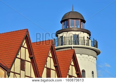Lighthouse in the fishing village. Kaliningrad, formerly Kenigsberg, Russia