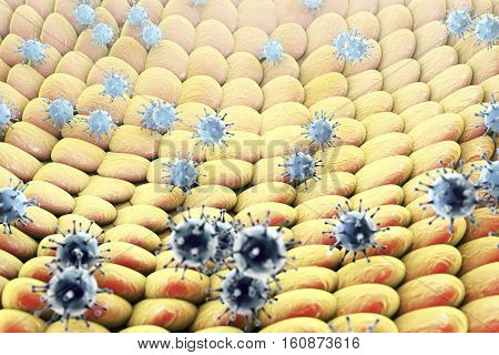 Viruses infecting human cells, 3D illustration. Conceptual image for pathogenesis of virus infection