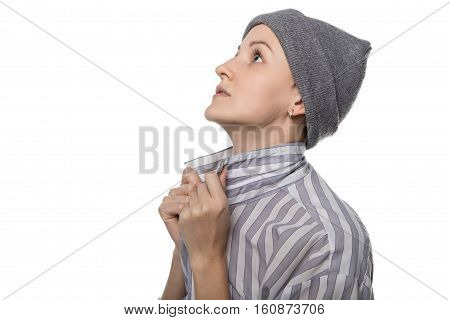 Praying pauper with headdress on white background