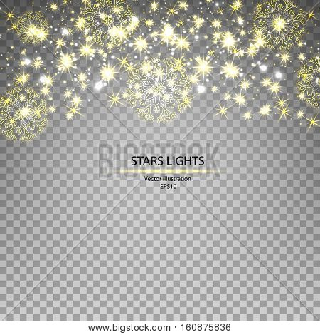 Gold Christmas ligthts and snowflakes on transparent background. Vector illustrations.