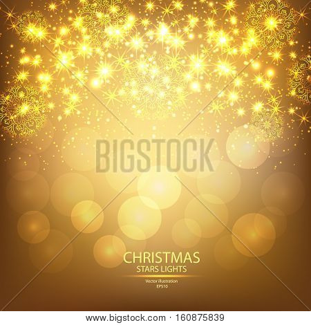 Gold Christmas ligthts and snowflakes background. Vector illustrations.