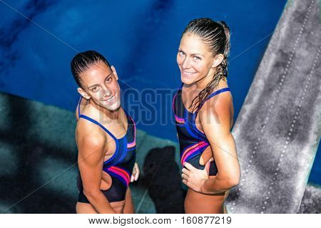 Two female divers on training or on competition.