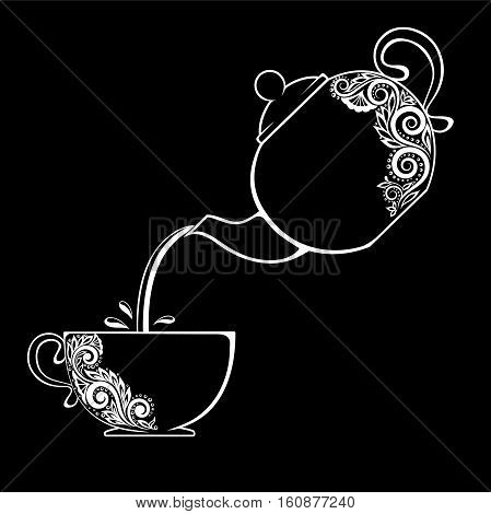 Beautiful black and white contour of the Cup and teapot with floral element isolated. Floral design for greeting card and invitation of wedding birthday Valentine's Day mother's day and seasonal holiday