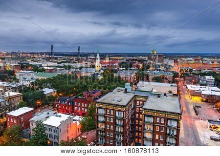 Savannah, Georgia, USA downtown at dusk.