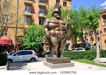 YEREVAN ARMENIA - MAY 2016: Modern art statue Roman Gladiator near the Yerevan Cascade a giant stairway in Yerevan Armenia.