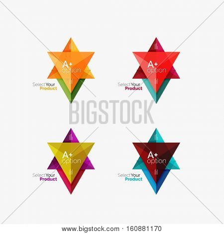 Set of triangle option infographic layouts. Select your product concept, make a choice idea
