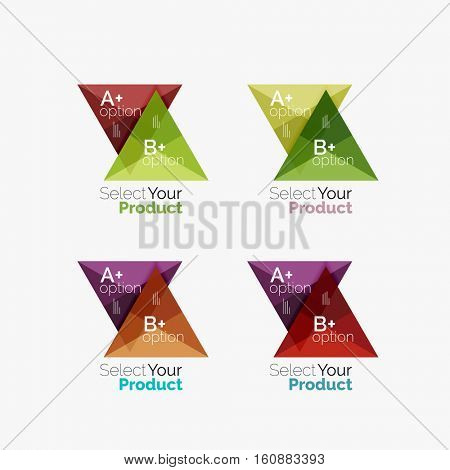 Set of triangle option infographic layouts. Select your product concept, make a choice idea