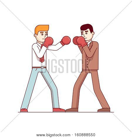 Business man competitors in suits fighting in boxing gloves. On hitting other defending in a box duel. Modern flat style thin line vector illustration isolated on white background.