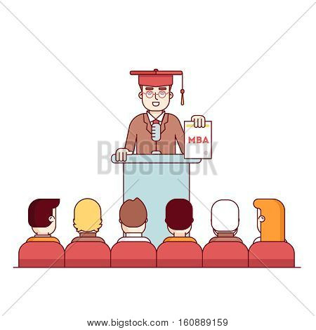 MBA student graduation rostrum speech. Master of business administration graduate showing new diploma to fellow students. Modern flat style thin line vector illustration isolated on white background.
