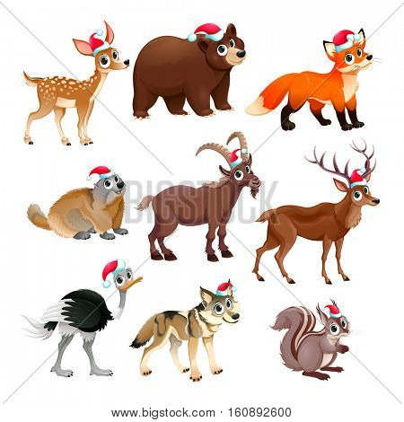Funny Christmas animals. Vector isolated elements.