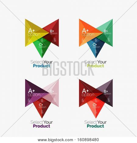 Set of triangle option infographic layouts. Select your product concept, make a choice idea