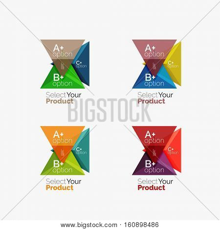 Set of triangle option infographic layouts. Select your product concept, make a choice idea