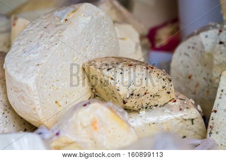 pieces of delicious white cheese with spices