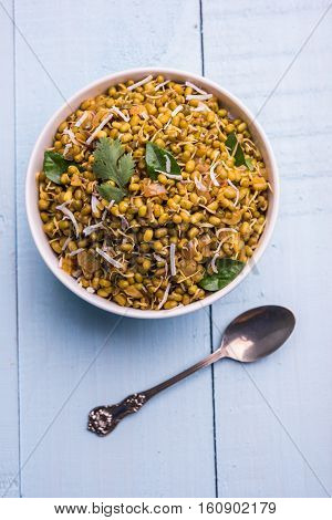 dry and simple moong dal usal or healthy sprouted Green gram spicy usal, fried in oil