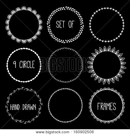 Hand drawn pencil frame. Sketch design concept.  Set of circle frames isolated on the black background.