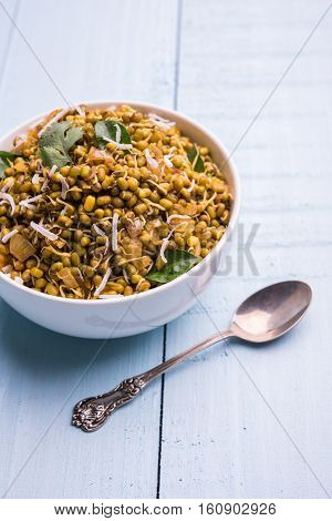 dry and simple moong dal usal or healthy sprouted Green gram spicy usal, fried in oil