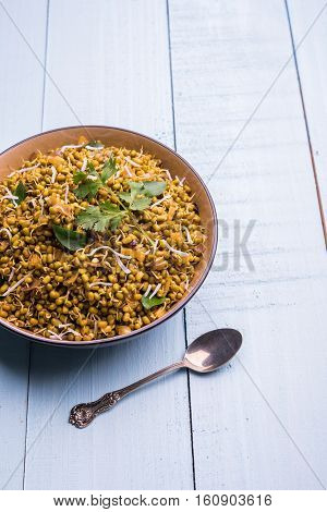 dry and simple moong dal usal or healthy sprouted Green gram spicy usal, fried in oil