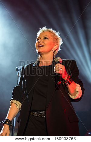 CRACOW POLAND - NOV EMBER 6 2016: Symphonica 2 Made in Poland The music of cult of underground rock metal- and punk Polish groups from years 80-these performed by musicians and soloists Filharmonia Futura on stage cinemas Kiev in Cracow. O/p Malgorzata Os