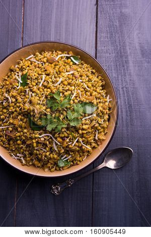 dry and simple moong dal usal or healthy sprouted Green gram spicy usal, fried in oil